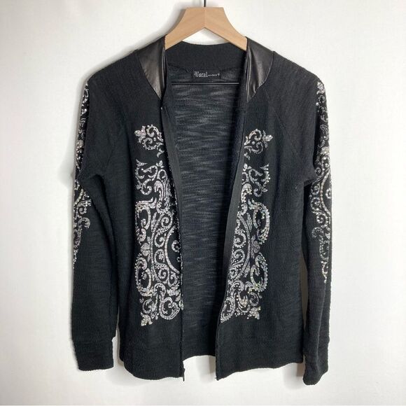 Vocal Black Rhinestone Embellished Zip Up Lightweight Cardigan Top Medium Y2K - Picture 6 of 11